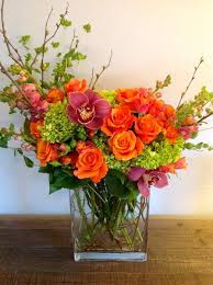 Spring Mixed Bouquet Beautiful Orange Roses Orange And Pink Variegated Spray Roses Green Hydra Pink Flower Arrangements Rose Arrangements Beautiful Flowers