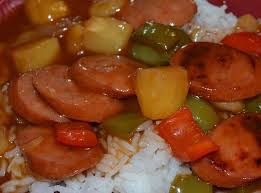 Sweet And Sour Smoked Sausage Over Rice Recipe Smoked Sausage Recipes Sweet And Sour Kielbasa Keilbasa Recipes