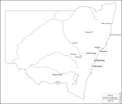 Slide 1, country outline map labeled with capital and major cities. New South Wales Free Map Free Blank Map Free Outline Map Free Base Map Outline Hydrography Main Cities Names White