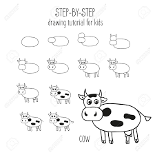 Les vaches se tiennent en troupeau et broutent lherbe dans les paturages. Vache Etape Par Etape Tutoriel De Dessin Pour Les Enfants Noir Et Blanc Illustration De La Ligne Pour L Apprentissage Clip Art Libres De Droits Vecteurs Et Illustration Image 67670787