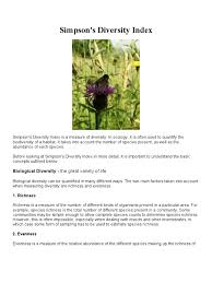 Present and the dominance or evenness of species in relation to as a measure of species. Simpsons Diversity Index Biogeochemistry Biodiversity