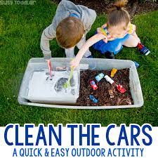 On this page outdoor play for your toddler might include: Clean The Cars Summer Outdoor Sensory Bin Busy Toddler