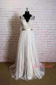 Elegant Lace Wedding Dress With V Neck Simple Wedding Dress With Champagne Underlay Classic Ivory Overlay Bridal Gown With Sheer Tulle Train Lace Top Wedding Lace Top Wedding Dress Wedding Dresses