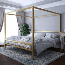 Champagne gold finish metal canopy bed with upholstered headboard insert upholstery options include white linen, dark grey linen, or black bonded leather mattress and box spring are required for use, but not included full bed measures 58.5 w x 81 d x 83 h queen bed measures 64.5 w x 86 d x 83 h kingbed measures 80.5 w x 86 d x 83 h. Dhp Modern Metal Canopy Bed King Gold Walmart Com In 2021 Modern Canopy Bed Canopy Bed Frame Metal Canopy Bed