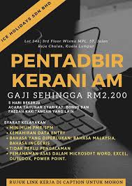 Surat lamaran pekerjaan dalam bahasa inggris ini harus dilengkapi cv berbahasa inggris juga, berikut ini salah satu contoh dari cv 11 thoughts on surat lamaran pekerjaan dalam bahasa inggris. Maukerja ×'×˜×•×•×™×˜×¨ Kerja Kosong Kemasukan Segera Mohon Sini Https T Co Q19rd9sont Pentadbir Kerani Am Gaji Sehingga Rm2 200 Jalan Raja Chulan Kl Minimum Pmr Spm Tiada Pengalaman Boleh Mohon Latihan Diberikan Fresh Graduate Digalakkan