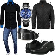 Schwarzes Herrenoutfit Mit Hemd Chronograph Und Steppjacke M0907 Mens Outfits Mens Fashion Swag Outfits Men