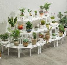 Multi Tier Outdoor Plant Stand Garden Plant Shelf Table Outdoor Corner Rack White Wood 2 Size Garden Shelves Outdoor Shelves Plant Shelves Outdoor