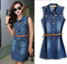 Fashion Trends Thin Belt Collar Sleeveless Two Top Pockets Sheath Knee Length Denim Dresses Sleeveless Denim Dress Denim Fashion Denim Dress