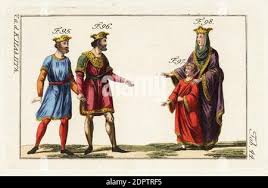 King Lothar I, 795-855, King Louis V the Do-Nothing c.966-987, and Emma of  Italy, wife of Lothar III, and her son Otto. The Franks wore two short  tunics that fell to the