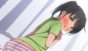 hekomii, original, 1girl, :o, black hair, blush, brown eyes, dutch angle,  from behind, green shirt, looking at viewer, looking back, open mouth,  panties, shirt, short sleeves, solo, striped, striped panties, twintails,  underwear -