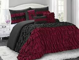 Queen Cal King Bed Burgundy Red Black Ruffles Ruched 7 Pc Comforter Set Bedding Comforter Sets King Bedding Sets King Comforter Sets