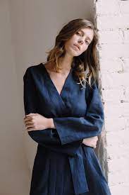 Linen Wrap Dress Dressing Gown Kimono Dressing Gown Kimono Etsy Linen Summer Outfits Navy Blue Kimono Robe Kimono Dressing Gown