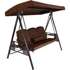 Sunnydaze Decor 3 Person Steel Porch Swing With Brown Cushions Lr 826 The Home Depot Patio Swing Canopy Patio Swing Canopy Swing