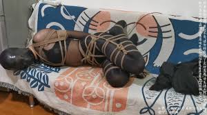 One-piece black silk, duct tape head, hands | Asian Bondage