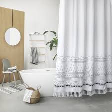 Make Your Bathroom From Drab To Fabulous With This Boho Tribal Shower Curtain With Tassels Fea Modern Shower Curtains Boho Shower Curtain White Shower Curtain