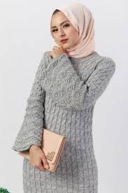 Genis Kol Desenli Triko Elbise Gri Triko Moda Stilleri Elbise