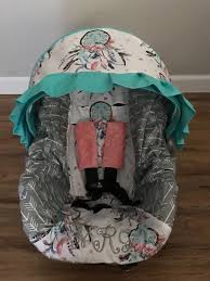 Dream Catcher Fabric With Arrows And Teal Blue Ruffle Baby Infant Car Seat Cover With Free Monogram And Matching Minky Strap Covers Baby Girl Car Baby Car Seats Baby Girl Car