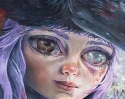 Creepy Cute Oil Painting, Big Eyes Printable, Dark Cottagecore Aesthetic,  Whimsical Art, Print Digital Download, Raven Witch Room Decor