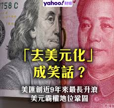 Yahoo 財經- 【「去美元化」成笑話？美匯創近9年來最長升浪】  聯儲局持續加息帶動美元保持強勢，兌其他主要貨幣已連升8周，創近9年來最長升浪，美匯指數也處於6個月來高位。早前吹得熱烘烘的「去美元化」不但沒有實現，人民幣積弱似乎進一鞏固了美元霸權的地位⋯  詳細內文 ...