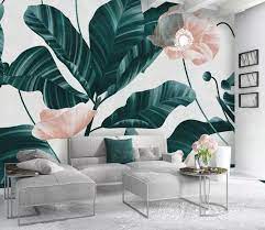 Powder Pink Flower And Leaves Textile Wallpaper Hunter Green Forest Wall Murals For Living Room Bedr Wallpaper Living Room Home Design Living Room Cafe Decor