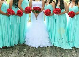 Bridesmaids In Tiffany Blue Via Weddingbee Com Would Look So Cute With Those Red Carnations You Were T Blue Red Wedding Red Wedding Red Wedding Decorations