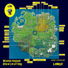 Where are the upgrade benches located on new fortnite map? Map Of 27 Weapon Upgrade Bench Locations Fortnitebr