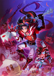 cream cake hound, red velvet cookie, cookie run, cookie run: kingdom,  highres, 1boy, black gloves, blue eyes, blush, brown hair, cake hound,  colored eyelashes, colored skin, dual persona, elbow gloves, evil grin,