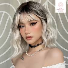Cute Short Wig, Wig With Bangs, Woman Wig, Wig Ombre Short Wavy, Bob, Wavy  Hair, Brown Gradient White Blonde Short Wavy Wig