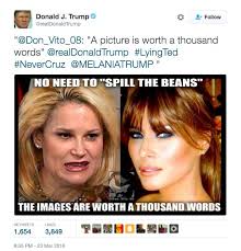 John kasich with 16% — which is perhaps why on wednesday trump retweeted a supporter's tweet which showed a snarling heidi cruz's face next to a gorgeous shot of melania with this tag line. Donald Trump Shared An Unflattering Picture Of Ted Cruz S Wife