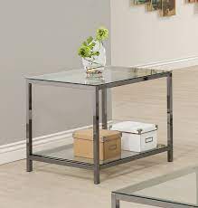 Rebel coffee table55.00w x 28.00d x 18.00h in with expert advice as well as the talent and ability to customize your selections, chair source remains a leader atop the blur of retailers with mixed offerings and rigid finishing policies. Ontario End Table With Glass Shelf Black Nickel Coaster Fi