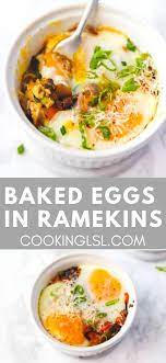 Baked Eggs In Ramekins With Mushrooms Peppers And Green Onions Easy To Make Great For Breakfast Lunch Or Dinn Stuffed Peppers Baked Eggs Ramekin Breakfast
