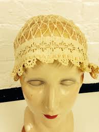 RARE VICTORIAN Beige Crochet Lace and Net NITECAP With Peach Satin Ribbon