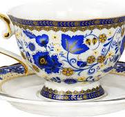 ACMLIFE Bone China Tea Cups and Saucers, 6.8 oz Tea Cup and Saucer Set,  with Gold Trim and Gift Box, Blue and White (Blue-D)