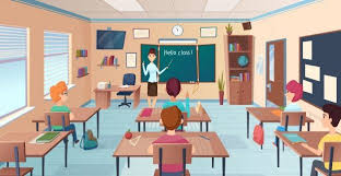 Lesson In Classroom Pupils At Desks And Teacher Standing And Pointing Kids Study Near Chalkboard Cartoon Background Cartoon Background Classroom Interior Kids Study