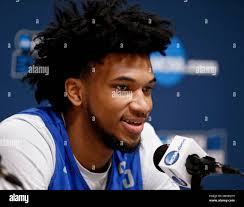 Dukes Marvin Bradley III takes questions during a news conference for an  NCAA college basketball first round game in Pittsburgh, Wednesday, March  14, 2018. (AP Photo/Keith Srakocic Stock Photo