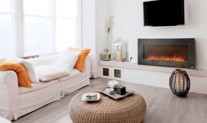 Wall-mounted electric fireplace in living room, AI generated
