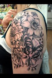 My Flower Tattoo Clematis Mums Queen Anne S Lace Butterfly Bumblebee Butterfly With Flowers Tattoo Butterfly Sleeve Tattoo Butterfly Tattoo On Shoulder