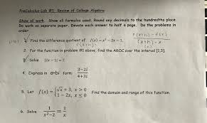 Answer key to any worksheet test. Solved Precalculus Lab 1 Review Of College Algebra Sho Chegg Com