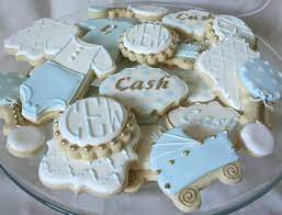 Baby Blue And Gold Baby Boy Shower Cookies Baby Shower Cookies Baby Shower Snacks Boy Baby Shower Cakes