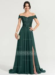 A Line Off The Shoulder Sweep Train Chiffon Prom Dresses With Sequins Split Front 018186896