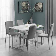 For lead times, deliveries, or more info please contact us on info@mufti.co.uk or call us on 0207 243 4444. White Marble Dining Table With 4 Grey Dining Chairs Julian Bowen Scala Furniture123