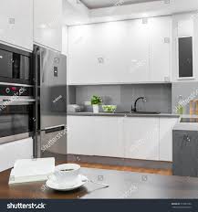 cup coffee on wooden dining table stock