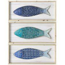 School Of Fish Wooden And Metal Plaques Set Of 3 Wood Metal Fish Wall Art Metal Fish Wall Art Fish Wall Decor