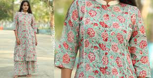 Printed kurtis are found in almost every fabric but the cotton kurtis are loved by most of the women, as it is perfect for every season. Buy Sanghaneri Hand Block Printed Floral Print Ocean Green Stand Collar Kurtibuy Indian Handicrafts Online