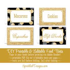 Black And White Label Background Black White Gold Glitter Printable Party Food Tents Folding Editable Buffet Labels Place Cards Bir Gold Glitter Printable Baby Shower Place Cards Food Tent
