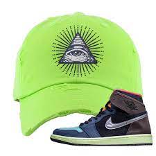 To go along with the air jordan 1 zoom that nods to 2007's brut nike sb dunk high, the air jordan 1 high og bio hack is a new colorway that resembles 2005's undefeated x nike dunk. Air Jordan 1 Retro High Og Bio Hack Distressed Dad Hat Neon Green Cap Swag