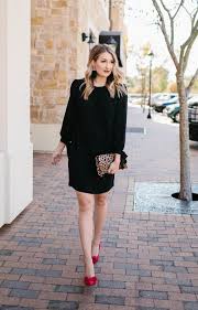 Banana Republic Black Bow Tie Sleeve Petite Shift Dress Classic Lbd Red Pumps Leopard Prin Black Holiday Dress Black Dress Outfit Party Fall Winter Wardrobe