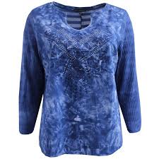 Womens Plus Size Long Sleeve Tie Dye Rhinestones Cotton Knit Top Blouse Shirt Strong Blue 1x G16 049l