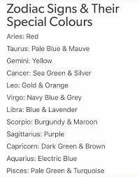 Loves mild, soothing foods like ice cream, rice or chamomile. Zodiac Signs Their Special Colours Aries Red Taurus Pale Blue Mauve Gemini Yellow Cancer Sea Green Silver Leo Gold Orange Virgo Navy Blue Grey Libra Blue