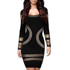 Black And Gold Long Sleeve Bodycon Dress Women S O Neck Long Sleeve Bronzing Appliques Elegant Bodycon Dress Party Pencil Dresses In 2020 Elegant Bodycon Dress Print Cocktail Dresses Long Sleeve Bodycon Dress